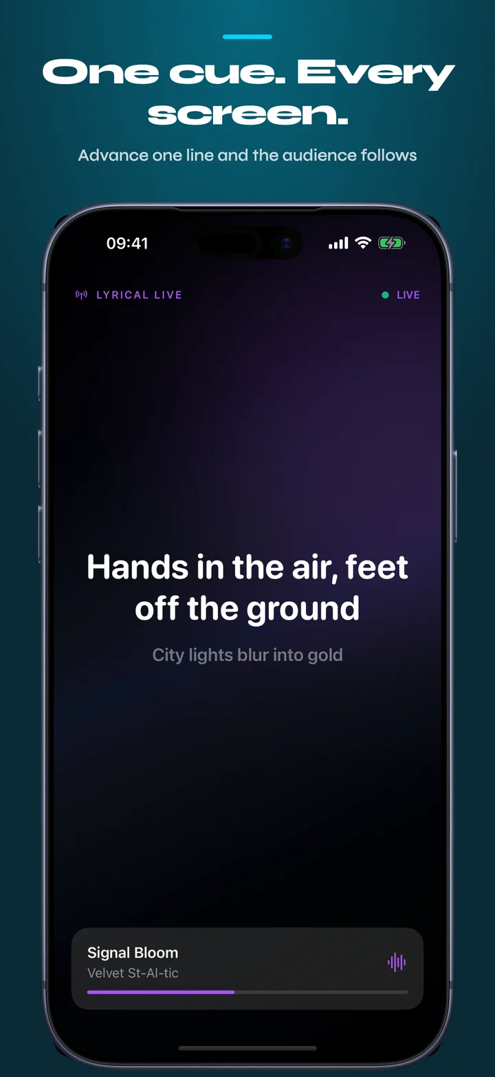 LiveSync lyrics following an operator cue on an audience phone