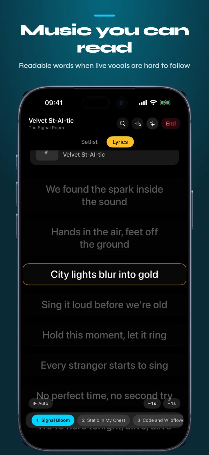 Manual lyrics on an iPhone, with the current line highlighted for easier reading