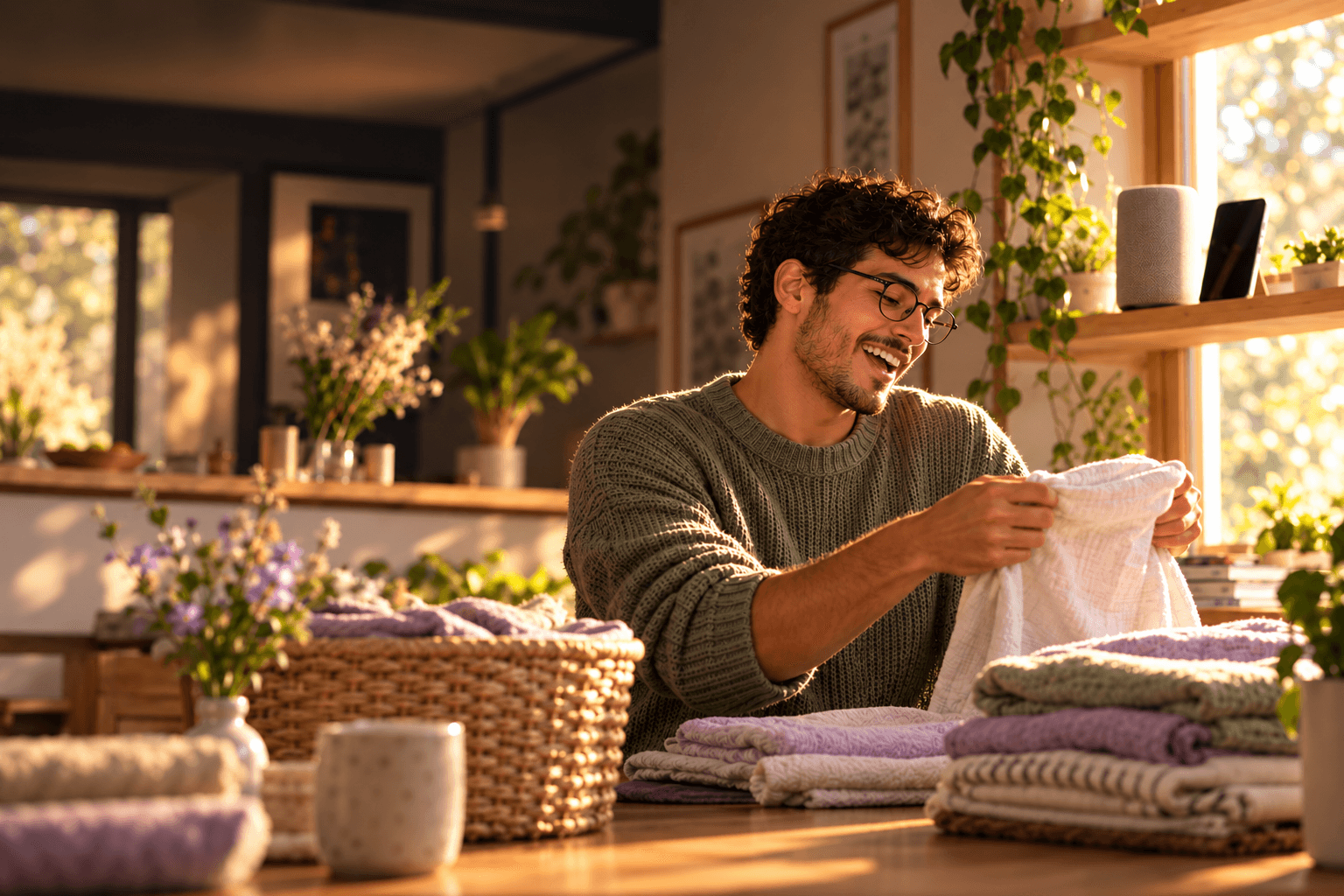 A man wearing glasses sings along while folding laundry at home.